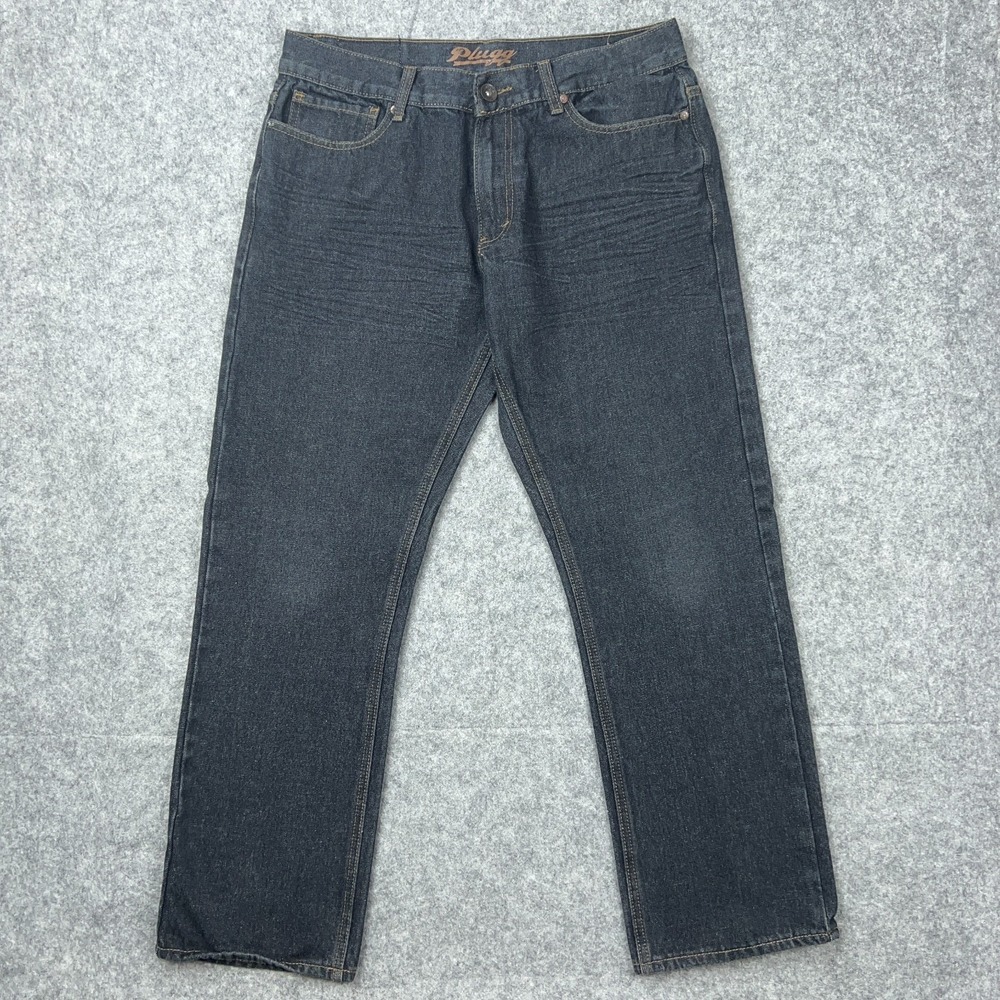 VTG Plugg Jeans Mens 32x30 Black Straight Leg Flap Pockets Stretch Denim Y2K‎